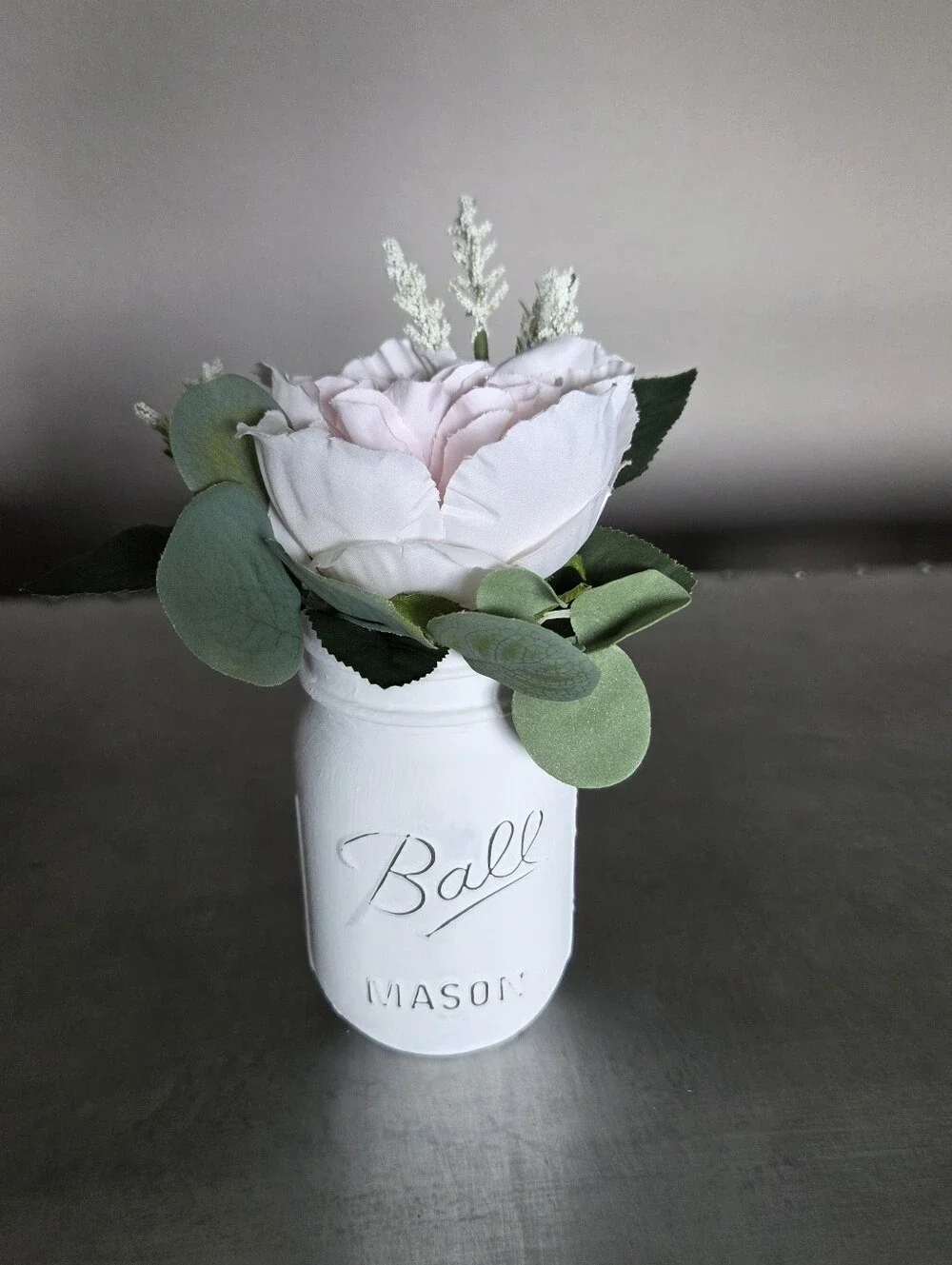 Set of 3 White Chalk Painted Mason Jars w/Pink & White Fake Flowers